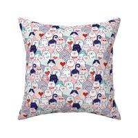 Cat of Hearts- Valentine's Day Crowd of Cats- Cat Love- Mint and Coral- Indigo Blue- Navy Blue- Poppy Red- Pink - Mini