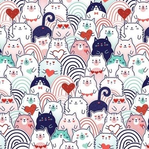Cat of Hearts- Valentine's Day Crowd of Cats- Cat Love- Mint and Coral- Indigo Blue- Navy Blue- Poppy Red- Pink - Mini