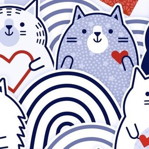 Cat of Hearts- Valentine's Day Crowd of Cats- Cat Love- Red and Blue- Indigo Blue- Navy Blue- Poppy Red- Monochromatic- Large