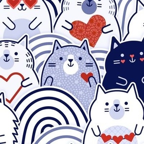 Cat of Hearts- Valentine's Day Crowd of Cats- Cat Love- Red and Blue- Indigo Blue- Navy Blue- Poppy Red- Monochromatic- Medium