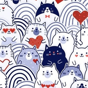 Cat of Hearts- Valentine's Day Crowd of Cats- Cat Love- Red and Blue- Indigo Blue- Navy Blue- Poppy Red- Monochromatic-Small
