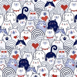 Cat of Hearts- Valentine's Day Crowd of Cats- Cat Love- Red and Blue- Indigo Blue- Navy Blue- Poppy Red- Monochromatic- Mini