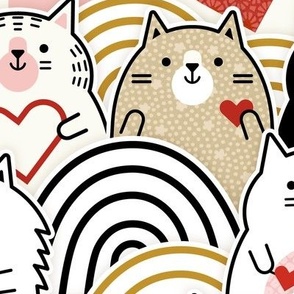 Cat of Hearts- Valentine's Day Crowd of Cats- Cat Love- Red and Gold- Mustard- Honey- Ochre- Pink- Poppy Red -Monochromatic- Large