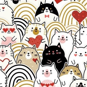 Cat of Hearts- Valentine's Day Crowd of Cats- Cat Love- Red and Gold- Mustard- Honey- Ochre- Pink- Poppy Red -Monochromatic-  Small