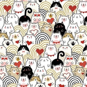 Cat of Hearts- Valentine's Day Crowd of Cats- Cat Love- Red and Gold- Mustard- Honey- Ochre- Pink- Poppy Red -Monochromatic-  Mini