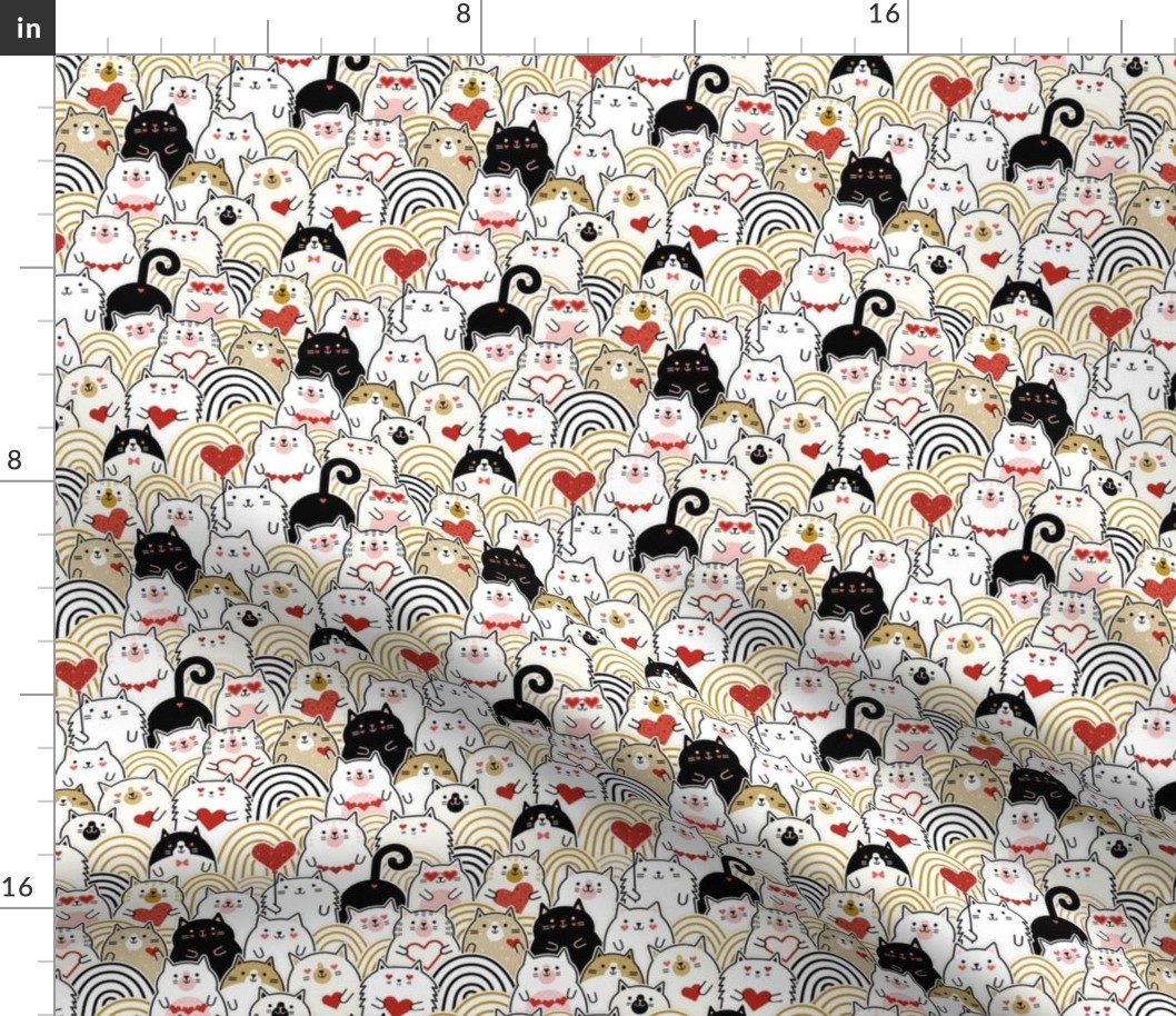 Cat of Hearts- Valentine's Day Crowd of Cats- Cat Love- Red and Gold- Mustard- Honey- Ochre- Pink- Poppy Red -Monochromatic-  Mini