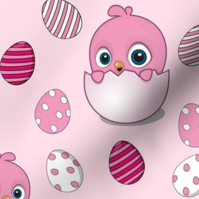 Easter Chick and Eggs on pale pink