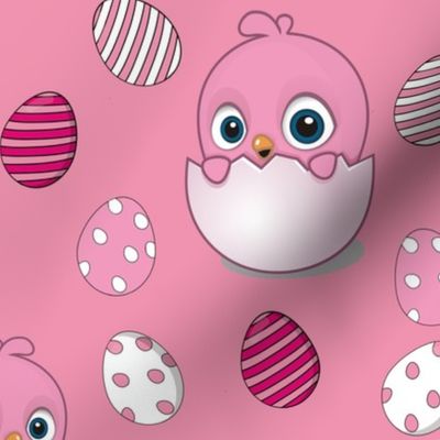 Easter Chick and Eggs on pink 