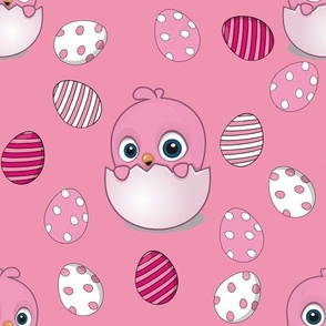 Easter Chick and Eggs on pink 