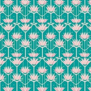 pink and teal art deco fan pattern