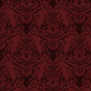 STAG PARTY DAMASK - FADED PRINT ON BURGUNDY FABRIC