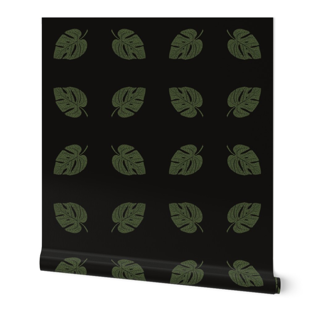 Moody Tropical Monstera green on black Square Throw Pillow