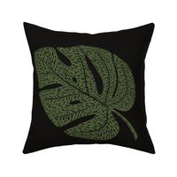 Moody Tropical Monstera green on black Square Throw Pillow