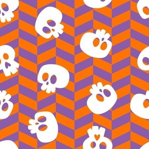 Halloween White Skulls on Orange and Purple Chevron Stripes
