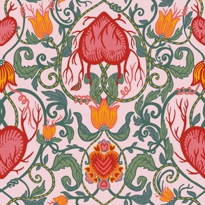 My heart blooms with joy_red hearts and victorian green leaves_perfect for romantic bedding and wallpaper. 