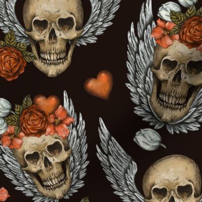 Vintage love floral skull on black