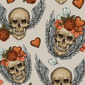 Vintage skull with flowers and hearts