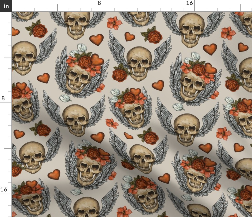 Vintage skull with flowers and hearts