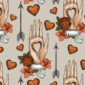 Woman hands with flowers and hearts