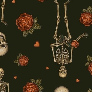 Vintage skull, skeleton and roses on black
