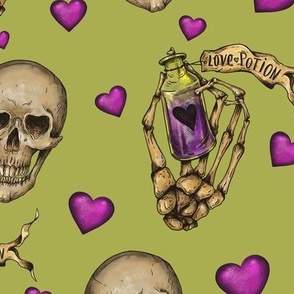 Love skull with potion on green