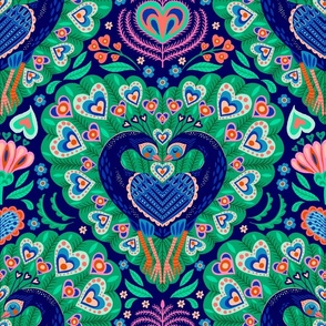 Valentine Peacock Kiss Damask dark blue