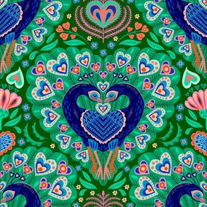 Valentine Peacock Kiss Damask dark green