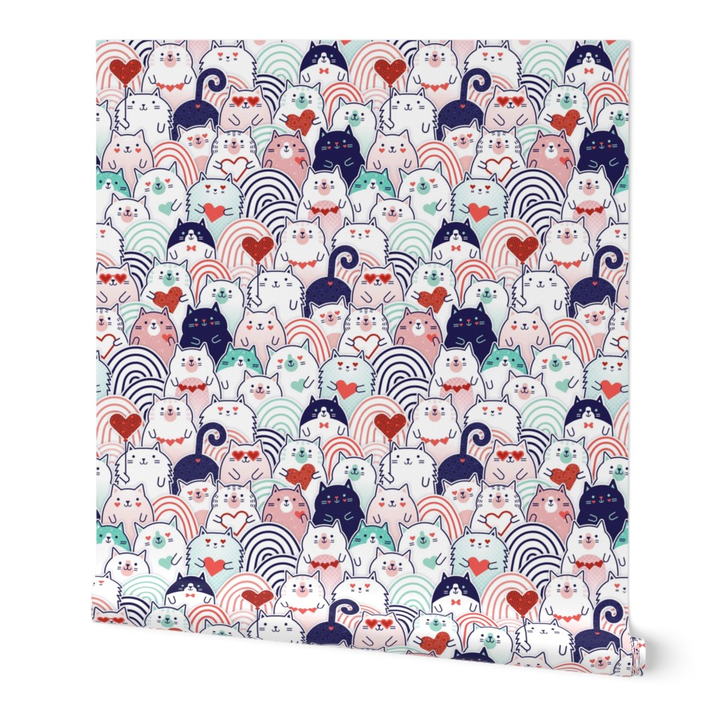 Cat of Hearts- Valentine's Day Crowd of Cats- Cat Love- Mint and Coral- Indigo Blue- Navy Blue- Poppy Red- Pink - Medium