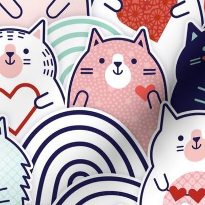 Cat of Hearts- Valentine's Day Crowd of Cats- Cat Love- Mint and Coral- Indigo Blue- Navy Blue- Poppy Red- Pink - Medium