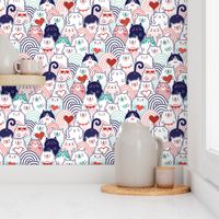 Cat of Hearts- Valentine's Day Crowd of Cats- Cat Love- Mint and Coral- Indigo Blue- Navy Blue- Poppy Red- Pink - Medium