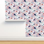Cat of Hearts- Valentine's Day Crowd of Cats- Cat Love- Mint and Coral- Indigo Blue- Navy Blue- Poppy Red- Pink - Medium