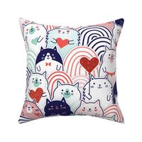 Cat of Hearts- Valentine's Day Crowd of Cats- Cat Love- Mint and Coral- Indigo Blue- Navy Blue- Poppy Red- Pink - Medium