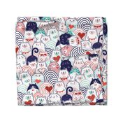 Cat of Hearts- Valentine's Day Crowd of Cats- Cat Love- Mint and Coral- Indigo Blue- Navy Blue- Poppy Red- Pink - Medium