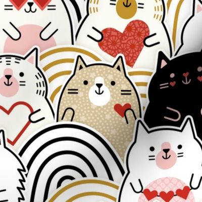 Cat of Hearts- Valentine's Day Crowd of Cats- Cat Love- Red and Gold- Mustard- Honey- Ochre- Pink- Poppy Red -Monochromatic-  Medium