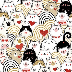 Cat of Hearts- Valentine's Day Crowd of Cats- Cat Love- Red and Gold- Mustard- Honey- Ochre- Pink- Poppy Red -Monochromatic-  Medium