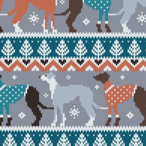 Large jumbo scale // Happy pawlidays fair isle greyhounds // teal and grey background cute dogs dressed with orange and teal knitted Christmas ugly sweaters