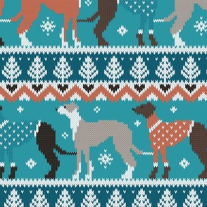 Large jumbo scale // Happy pawlidays fair isle greyhounds // teal background cute dogs dressed with orange and teal knitted Christmas ugly sweaters