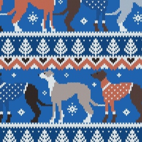 Large jumbo scale // Happy pawlidays fair isle greyhounds // classic and electric blue background cute dogs dressed with orange and blue knitted Christmas ugly sweaters