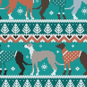 Large jumbo scale // Happy pawlidays fair isle greyhounds // pine and java green background cute dogs dressed with orange and green knitted Christmas ugly sweaters