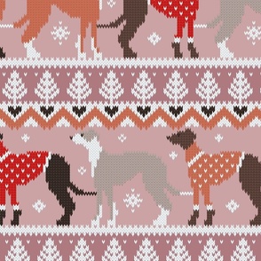 Large jumbo scale // Happy pawlidays fair isle greyhounds // dry rose and careys pink background cute dogs dressed with orange and red knitted Christmas ugly sweaters