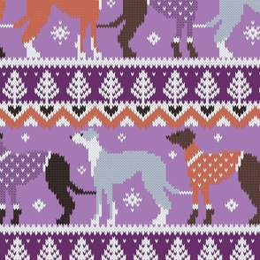 Large jumbo scale // Happy pawlidays fair isle greyhounds // seance purple and east side violet background cute dogs dressed with orange and violet knitted Christmas ugly sweaters