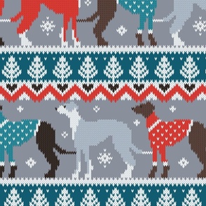 Large jumbo scale // Happy pawlidays fair isle greyhounds // teal and grey background cute dogs dressed with orange and red knitted Christmas ugly sweaters