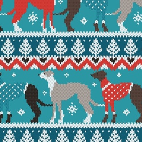 Large jumbo scale // Happy pawlidays fair isle greyhounds // teal background cute dogs dressed with teal and red knitted Christmas ugly sweaters