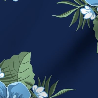 Sky Blue  Hibiscus on Midnight Blue, Tropical Floral Oasis, large