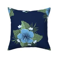 Sky Blue  Hibiscus on Midnight Blue, Tropical Floral Oasis, large