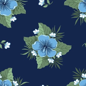 Sky Blue  Hibiscus on Midnight Blue, Tropical Floral Oasis, large
