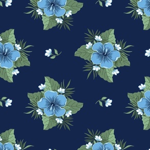 Sky Blue Hibiscus on Midnight Blue, Tropical Floral Oasis, medium