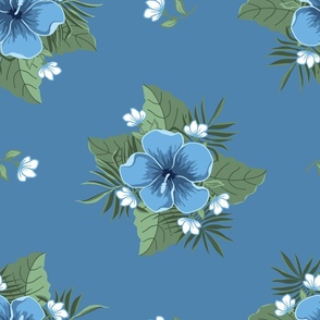 Sky Blue Hibiscus on Steel Blue, Tropical Floral Oasis, large