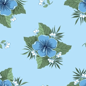 Sky Blue Hibiscus on Baby Blue, Tropical Floral Oasis, large