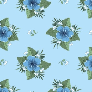 Sky Blue Hibiscus on Baby Blue, Tropical Floral Oasis, medium